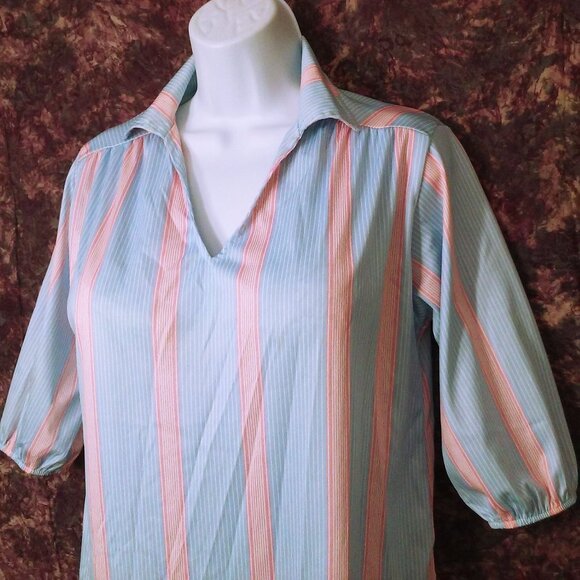 Vintage 70s Randon USA-Made Striped Knit Top Tunic Lady-(36) V-Collar Puffy SSL - Picture 3 of 10